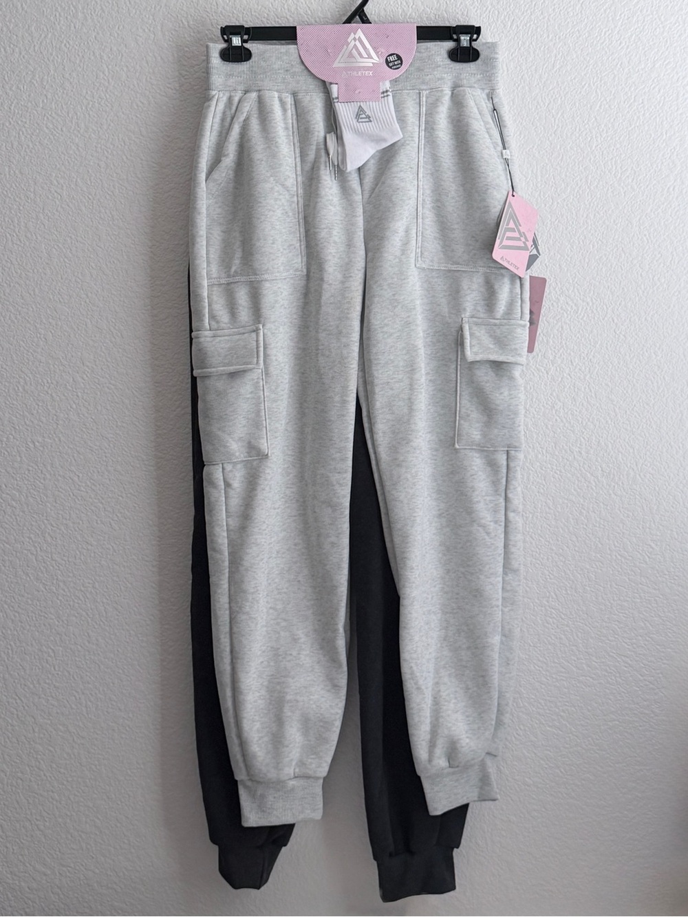 Athletex Cargo Sweat Pant Joggers Bundle of 2 with Socks Light & Dark Gray Large
